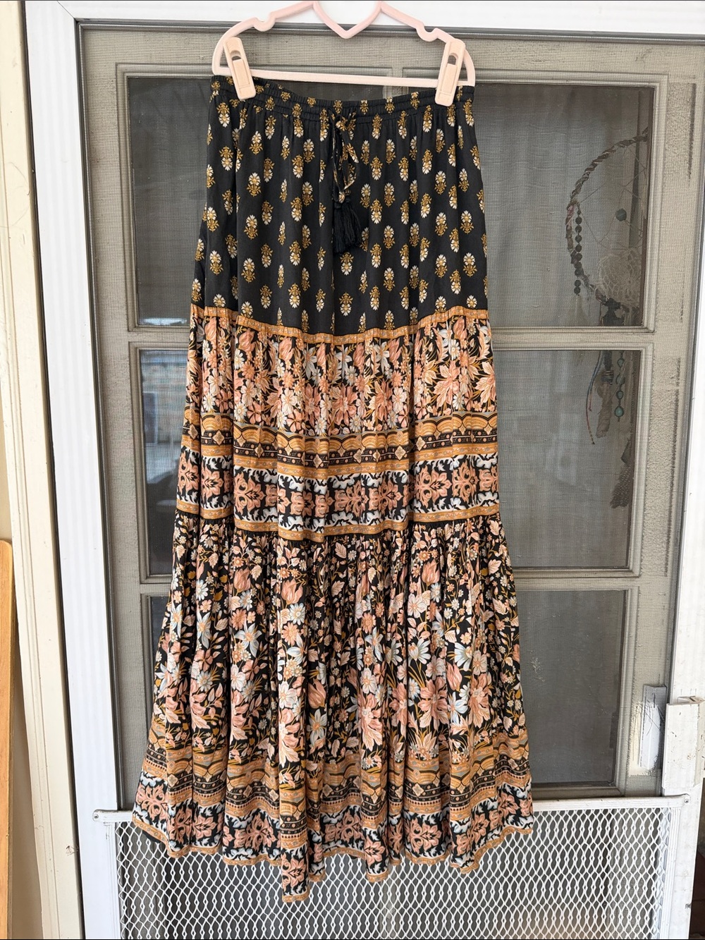 Arnhem Babylon Black Maxi Skirt with Peach and Gold pink and blue Floral Print